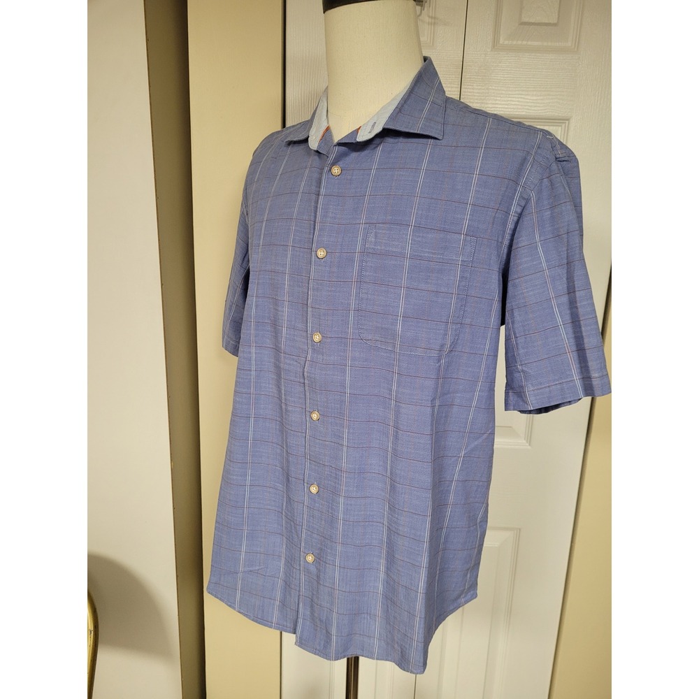 Pronto Uomo Mens Blue Windowpane Plaid Short Sleeve Button Shirt‎ Cotton Size L